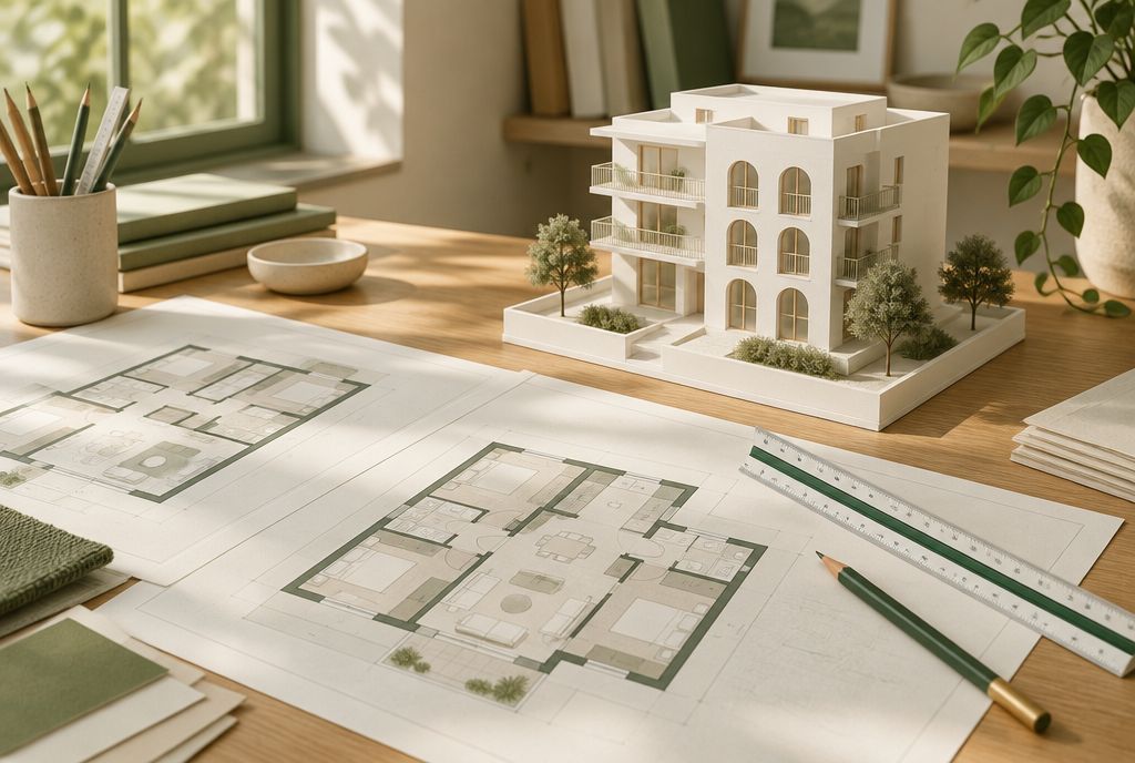 Planos de vivienda y maqueta de un edificio sobre una mesa
